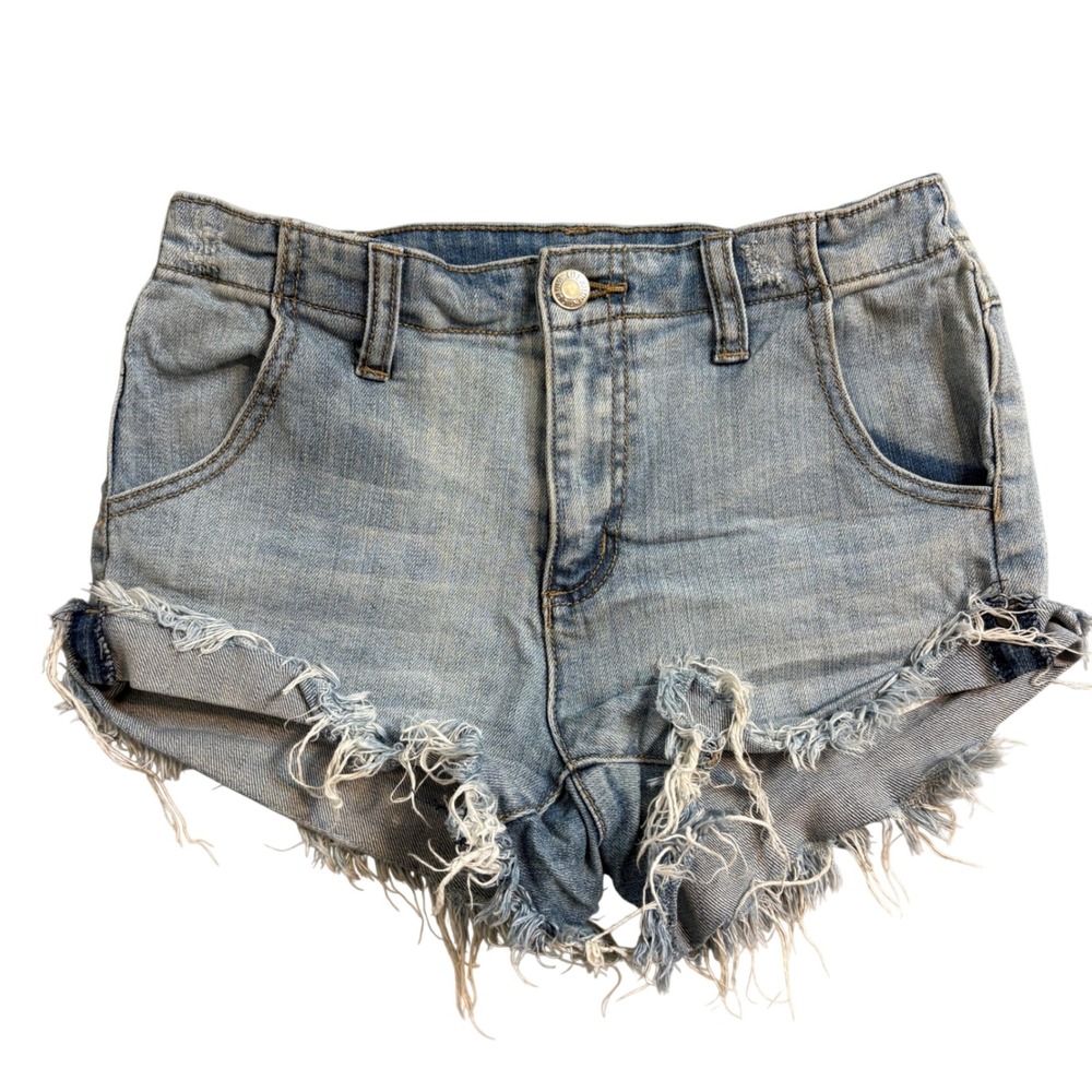 LITZ Womens Light Wash Distressed Denim Cutoff Shorts High Rise Size Small